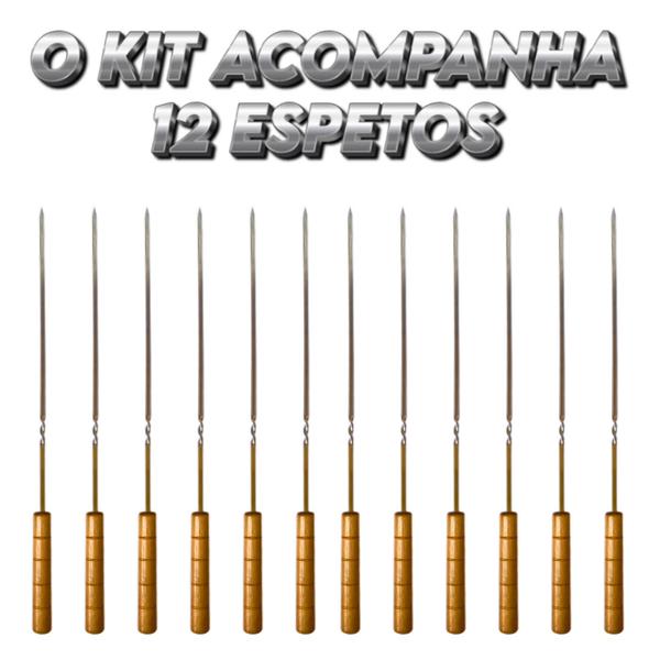 Imagem de Kit Espeto Churrasco Aço Metal Inox Cabo Madeira Reutilizável 12 Peças 40cm