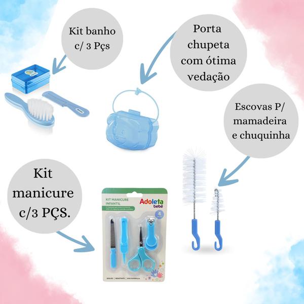 Imagem de Kit Essencial Enxoval Para bebê Mamadeira Chupeta Fralda Canguru Naninha kit banho - Menino e Menina