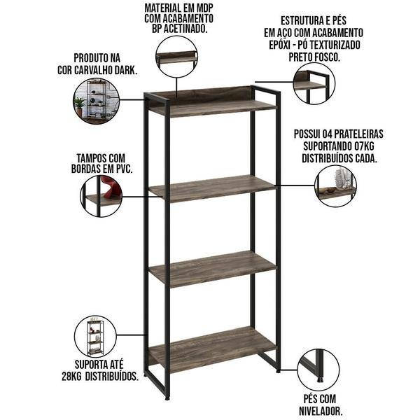 Imagem de Kit Estante Areta 4 Prateleiras com Mesa Industrial Aspen 135cm C01 Carvalho Dark - Lyam Decor