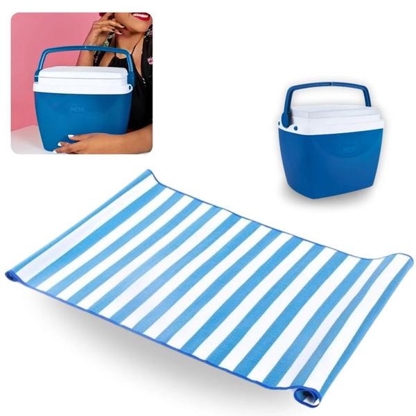 Kit Esteira de Praia em Rolo com Alca + Caixa Termica Azul Pequena 6 L para Passeios Ao Ar Livre Imagem de Kit Esteira de Praia em Rolo com Alca + Caixa Termica Azul Pequena 6 L para Passeios Ao Ar Livre