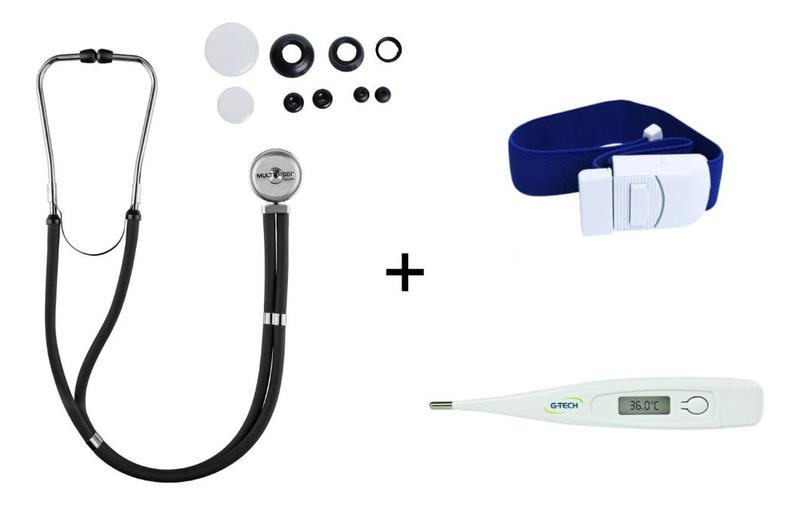 Imagem de Kit Esteto Rappaport Duplo Adulto E Infantil Multi + Termometro Corporal Axilar Digital Com Sinal Sonoro + Garrote