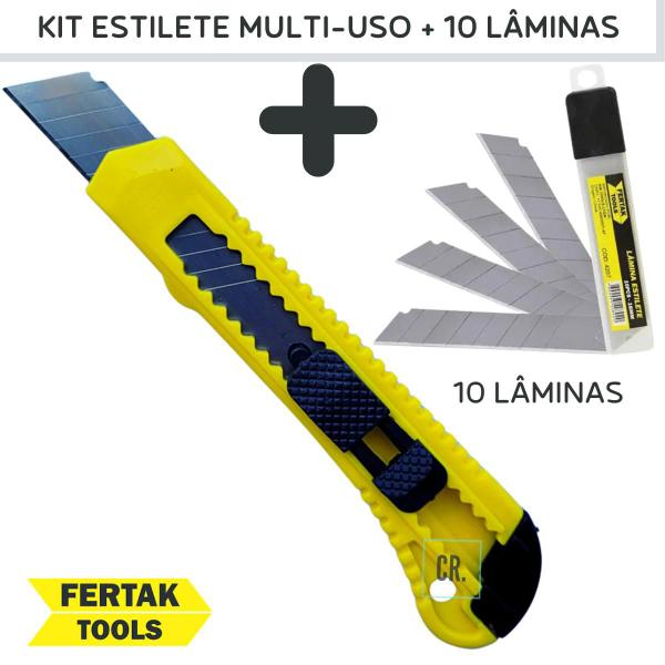 Imagem de Kit Estilete Largo + 10 Lâminas 18mm, Estilete Multiuso Cabo Anatômico Fertak Tools Uso Profissional, Escolar ou Doméstico.