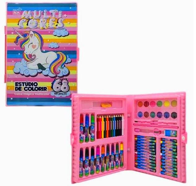 Imagem de Kit Estojo de Pintura Infantil Maleta Escolar Colorir e Desenhar Com 68 Peças Unicórnio