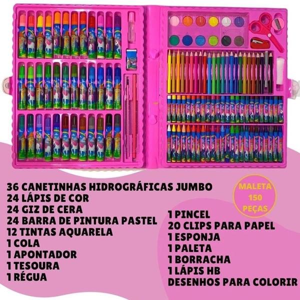 Imagem de Kit Estojo Escolar Infantil Maleta de Colorir e Desenhar Unicórnio 150 Peças