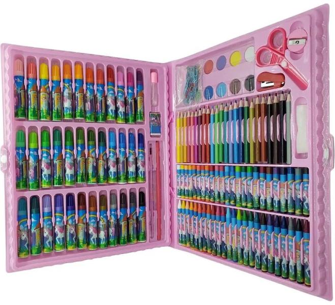 Imagem de Kit Estojo Escolar Maleta de Colorir e Desenhar Unicórnio 150 Peças