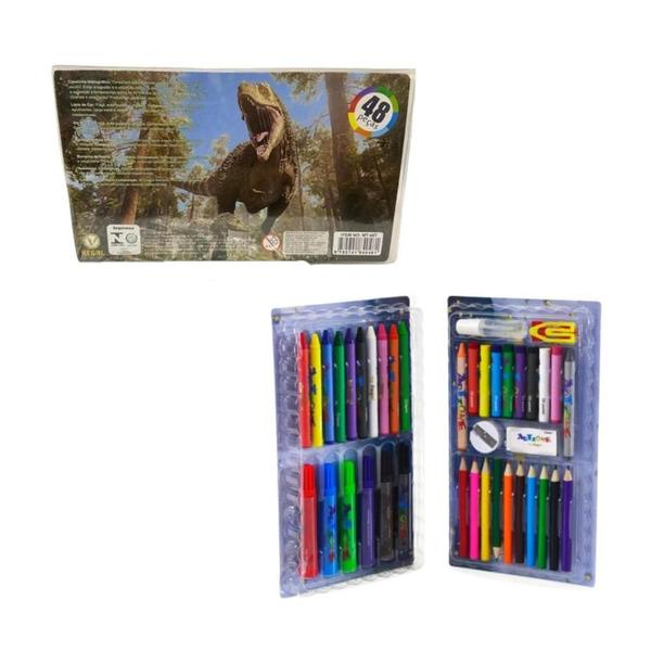 Imagem de Kit estojo Infantil para desenhos Canetinhas e Lápis 48 Peças Dinossauros