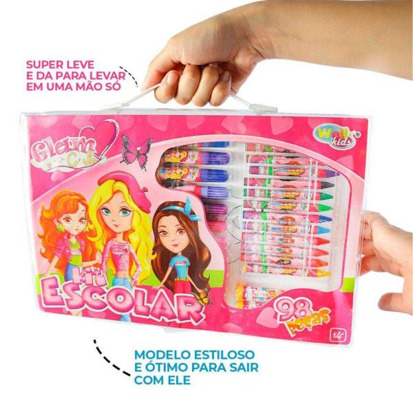 Imagem de Kit Estojo Maleta C/ 98 Peças P/ Colorir Pintura Escolar Infantil Glam Girls - Well Kids