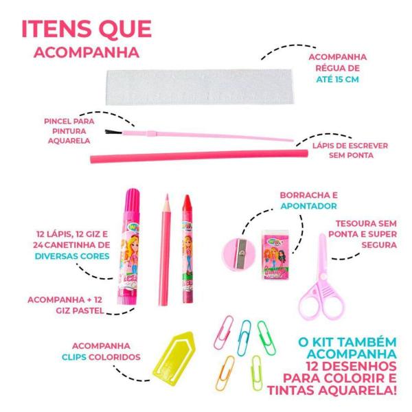 Imagem de Kit Estojo Maleta C/ 98 Peças P/ Colorir Pintura Escolar Infantil Glam Girls - Well Kids