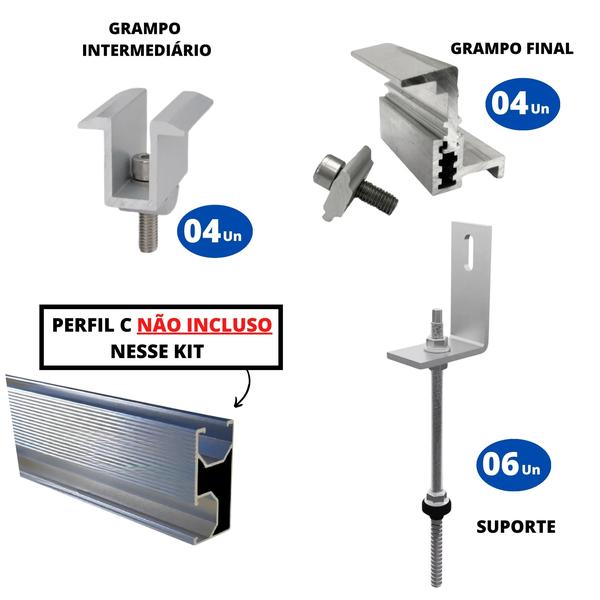 Imagem de Kit Estrutura Suporte Fixador Linha C P/ 3 Placas Solar Alumínio Inox Telha Fibro Ondulada Viga Metálica  Perfil Master