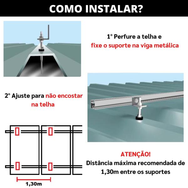 Imagem de Kit Estrutura Suporte Fixador Linha C P/ 4 Placas Solar Alumínio Inox Telha Fibro Ondulada Viga Metálica  Perfil Master