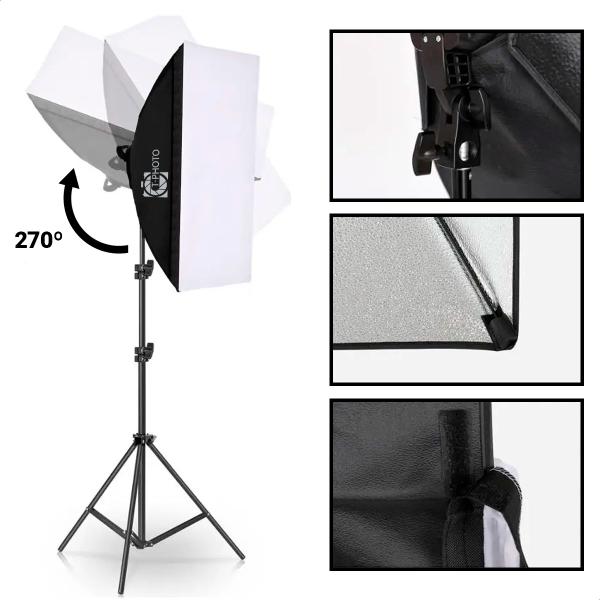 Imagem de Kit Estúdio Fotográfico Led Embutido Softbox Dimerizável Luz Branca e Luz Amarela Regulável Controle Remoto + Bolsa