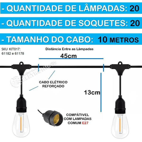 Imagem de Kit Extensão Varal de Luzes 10 Metros + 20 Lâmpadas 1W Retrô Bulbo Com Filamento Em LED KIT017