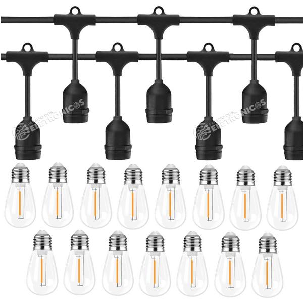 Imagem de Kit Extensão Varal de Luzes 10 Metros + 20 Lâmpadas 1W Retrô Bulbo Com Filamento Em LED KIT018