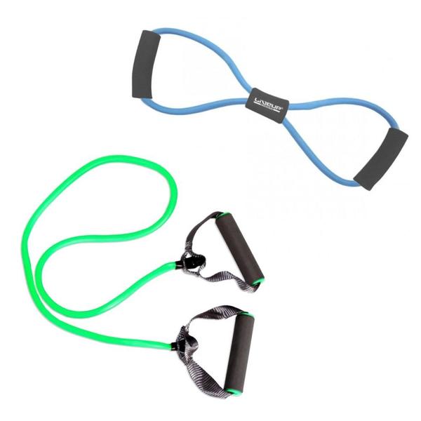 Imagem de Kit Extensor Elastico Tensao Media Verde + Extensor em 8 Forte Azul  Liveup Sports 