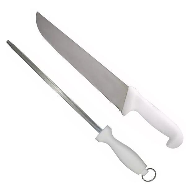 Imagem de Kit Faca Açougue Churrasco Cozinha Aço Inox 8 + Chaira 10 Cabo Branco