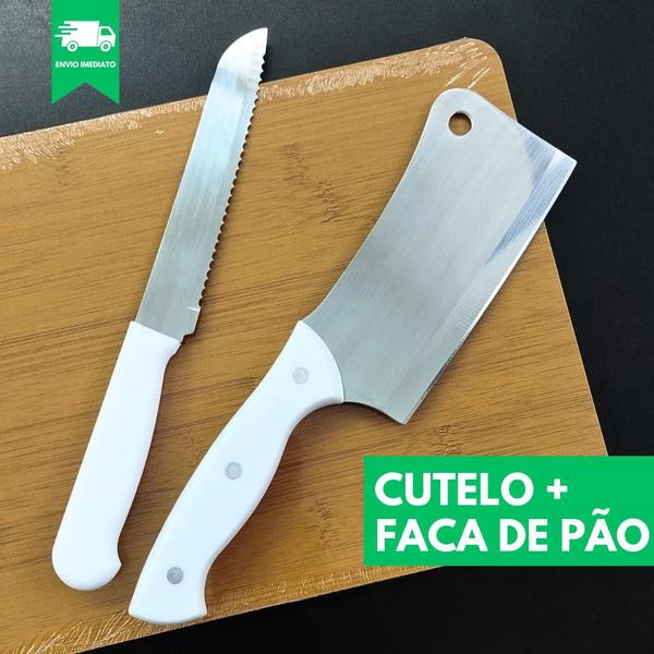 Imagem de KIT Faca de Pão 6' +Faca Cutelo 6''  - Utensilios Cozinha Lamina INOX Machadinha Casa Comida Carne