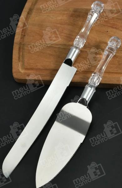 Imagem de Kit Faca e Espátula Para Bolo Cabo Desenhado Em Aço Inox e Acrílico Para Servir Bolo Torta Pães Sobremesas UD190106