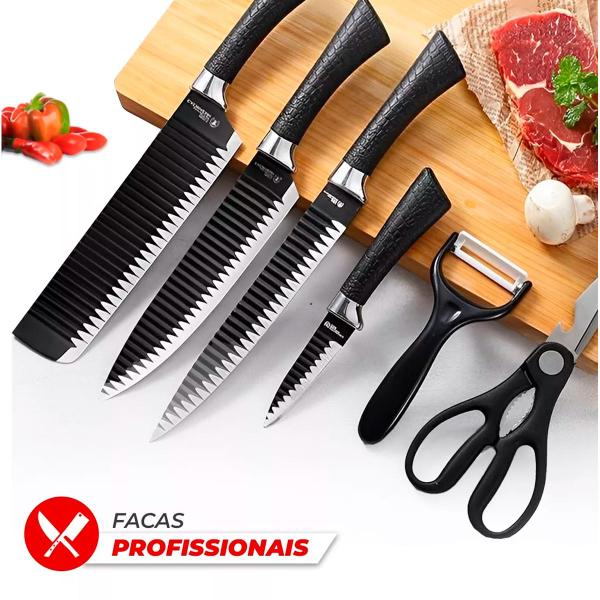 Kit Facas Cozinha Churrasco 6 Peças Antiaderente Fio Navalha - GENZO Imagem de Kit Facas Cozinha Churrasco 6 Peças Antiaderente Fio Navalha