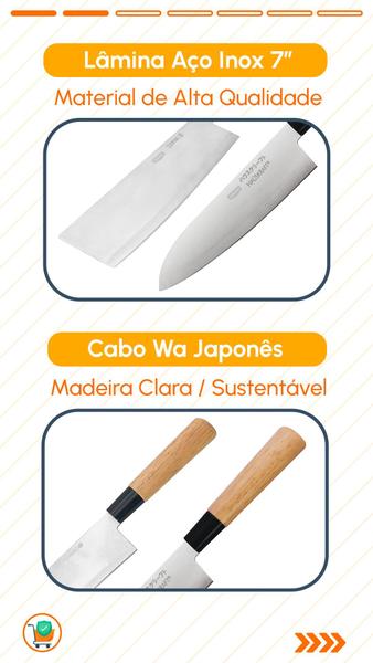 Imagem de Kit Facas Japonesas Santoku+Cutelo Nakiri 7” Inox Mundial Para Corte de Peixe Legumes Verduras Carnes Culinária Oriental