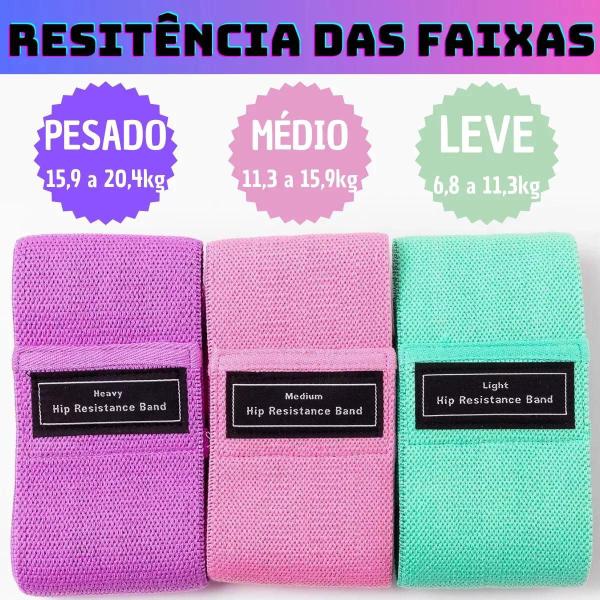 Imagem de Kit Faixas Elásticas Hip Bands 3 Resistências Treino Completo 30x8cm