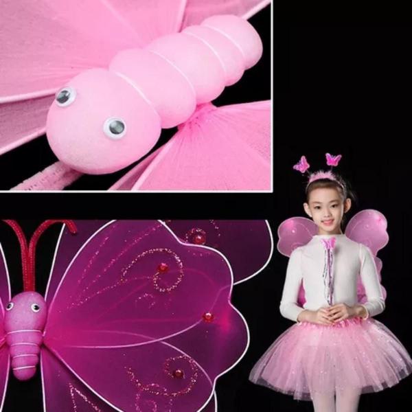 Imagem de Kit Fantasia Asa Led Borboleta Infantil Com Saia Tule Rosa