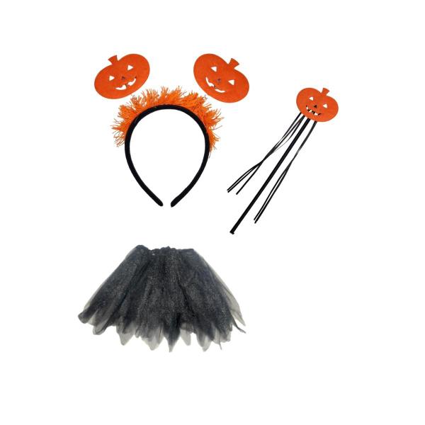 Imagem de Kit Fantasia Bruxa Saia Tiara Abobora e Varinha Halloween 