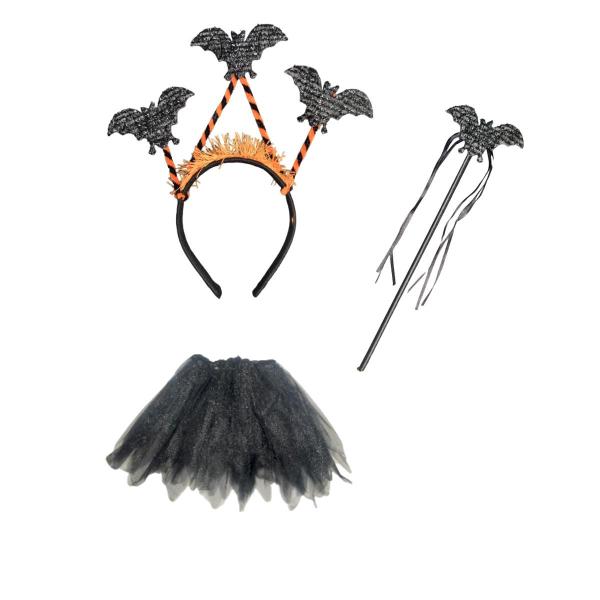 Imagem de Kit Fantasia Bruxa Saia Tiara Morcego e Varinha Halloween 