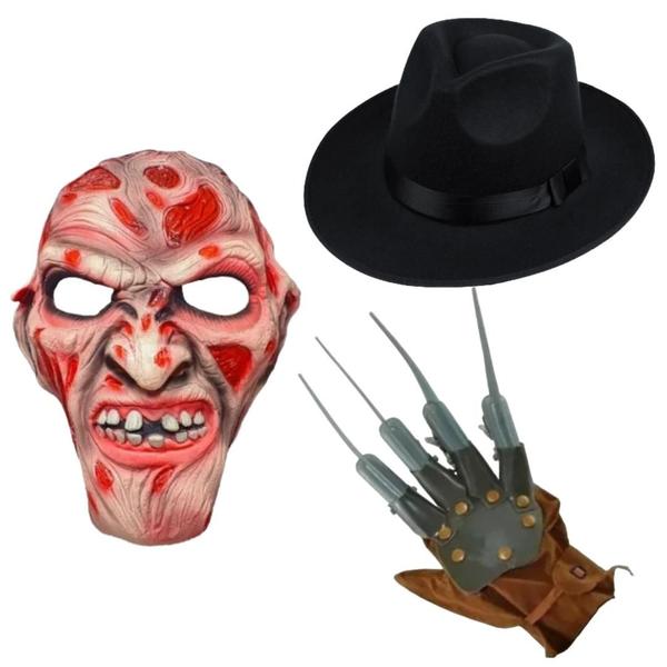 Imagem de Kit Fantasia Freddy Krueger Máscara De Latex + Chapéu + Luva Adereço Fantasia Adulto Halloween Cosplay Terror Anime