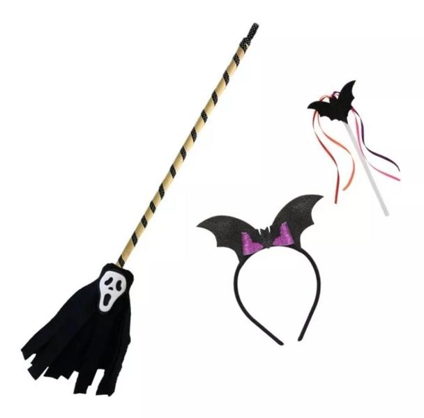 Imagem de Kit Fantasia Halloween Bruxa Infantil Tiara Varinha Vassoura