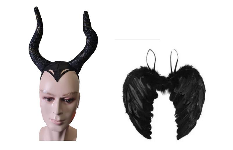 Imagem de kit Fantasia hallowen Arco Tiara Com Chifre preto +Asa Preta