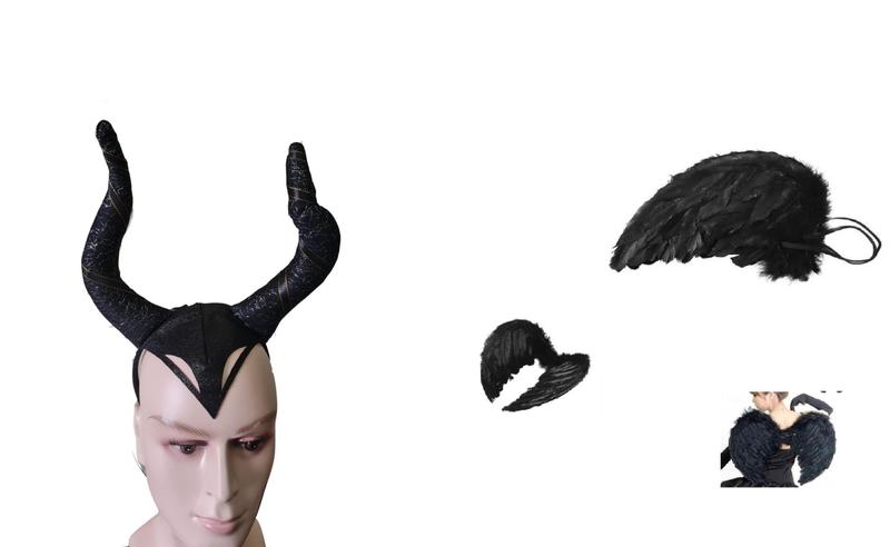 Imagem de kit Fantasia hallowen Arco Tiara Com Chifre preto +Asa Preta