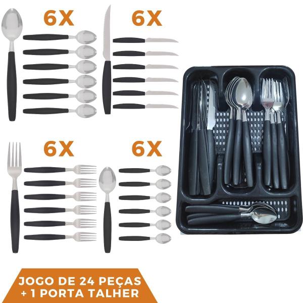 Imagem de Kit Faqueiro Berlim Preto Inox 24 Pçs C/ 1 Porta Talheres