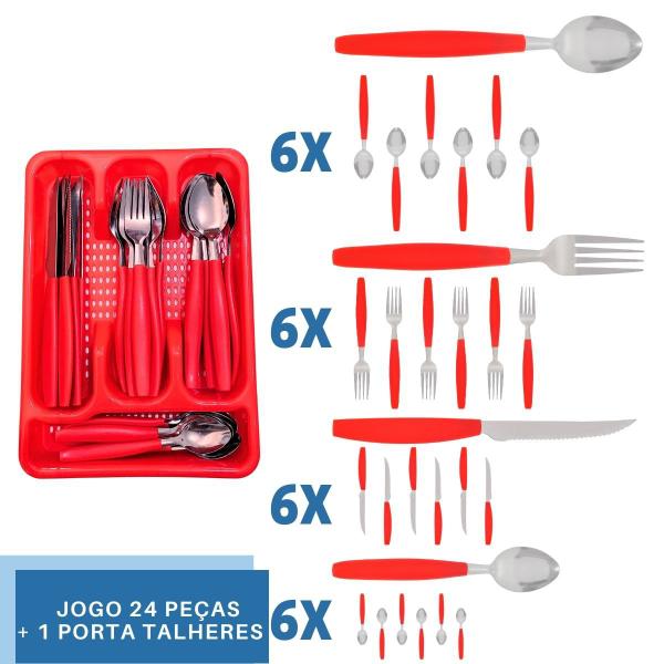 Imagem de Kit Faqueiro Inox Berlim 24 Pçs C/ 1 Porta Talheres Vermelho