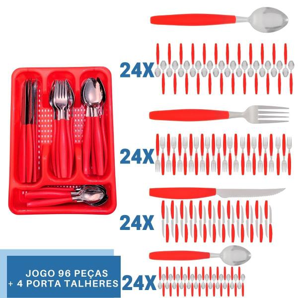 Imagem de Kit Faqueiro Inox Berlim 96 Pçs C/ 4 Porta Talheres Vermelho