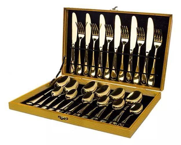 Imagem de Kit Faqueiro Maleta De Talheres Inox 24 Peças Dourado Luxo