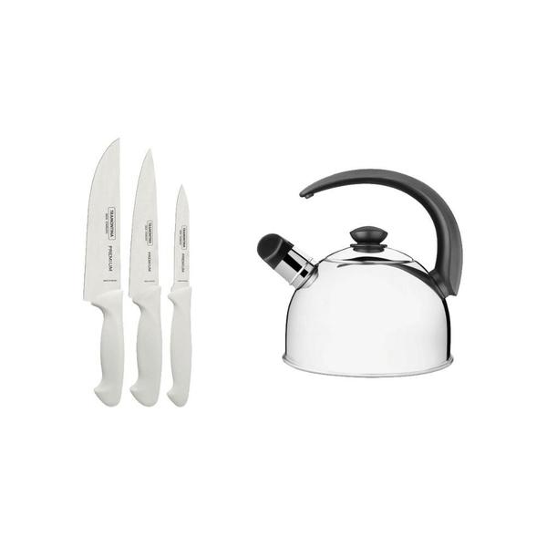 Imagem de KIT - Faqueiro Premium 3 Peças + 1 Chaleira em Aço Inox 2,1L com Apito - Tramontina