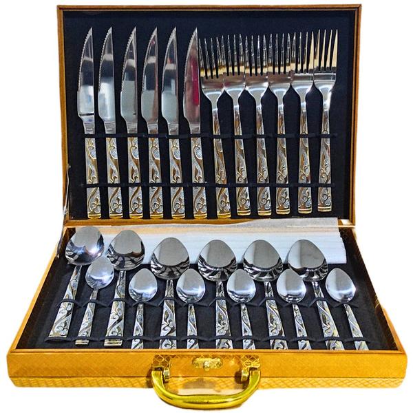 Kit Faqueiro Talheres Com Maleta 24 Peças Em Inox C/ Dourado
