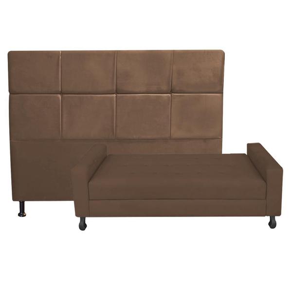 Imagem de Kit Félix com Cabeceira Damares 1,40 cm Casal Baú Quarto Sala Suede Marrom - Damaffe Móveis