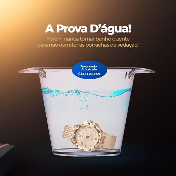 Kit Feminino prova agua dourado analógico luxo barato - Orizom Imagem de Kit Feminino prova agua dourado analógico luxo barato