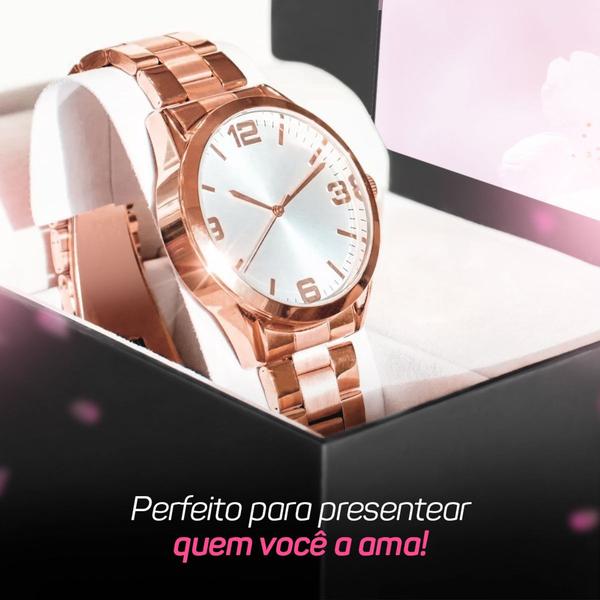 Imagem de Kit Feminino Relógio Quartzo Aço Inox Banhado 18k + Pulseira Berloque Presente