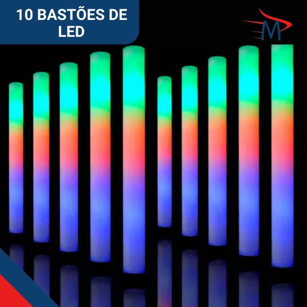 Kit Festa 10 Bastões de LED com 3 modos + 10 Pulseiras NEON - Mormino Imagem de Kit Festa 10 Bastões de LED com 3 modos + 10 Pulseiras NEON