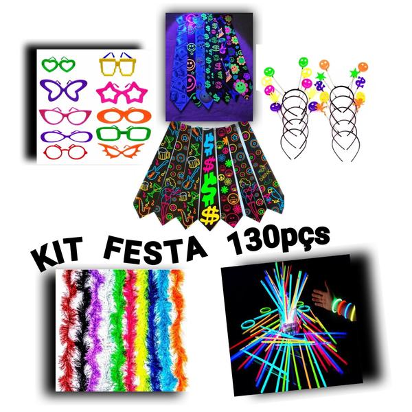 Imagem de Kit festa 130pçs* 20 Óculos, 20 Tiaras, 20 Gravata, 20 Marabus 75cm, 50 Pulseira Neon led,Balada, aniversário de 15 anos