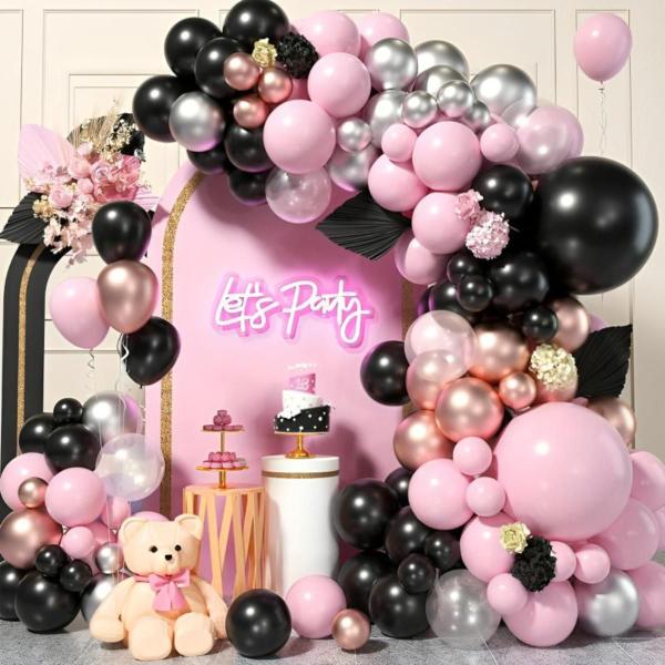 Imagem de Kit Festa Balões Preto Rosa Candy Cromado Rose Arco Desconstruido 8" 10" 6" Polegadas Bexiga Liso/Metalizado P/Decoração