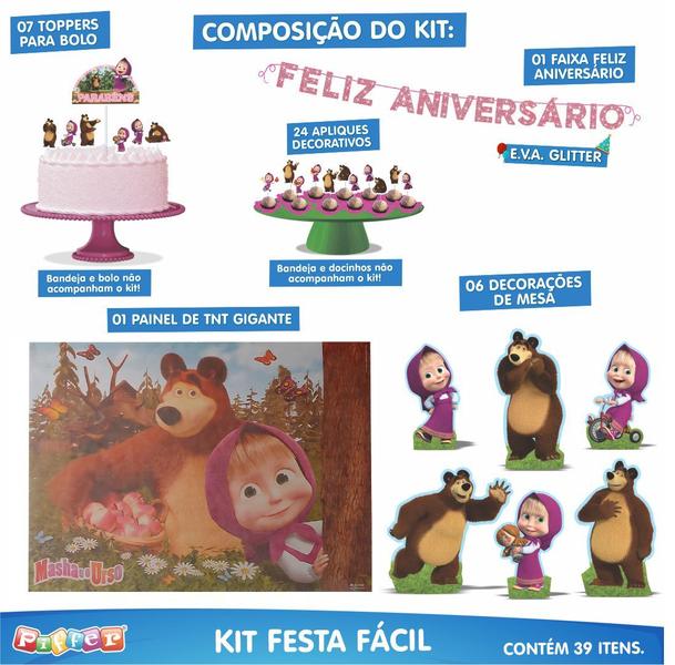 Imagem de Kit Festa Fácil Decoração Aniversário 39 Pçs  - Masha e Urso