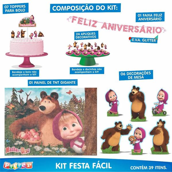 Imagem de Kit Festa Fácil Decoração Masha e o Urso Aniversário Comemoração - 39 Itens - Piffer