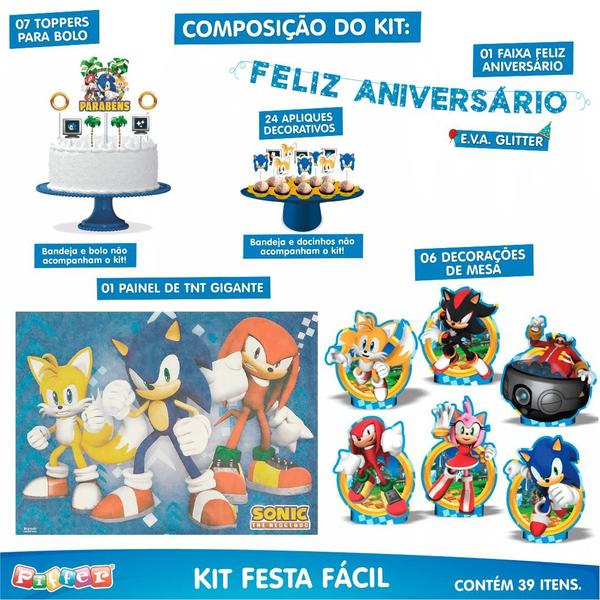 Imagem de Kit Festa Fácil Decoração Sonic The Hedgehog Aniversário Comemoração - 39 Itens - Piffer