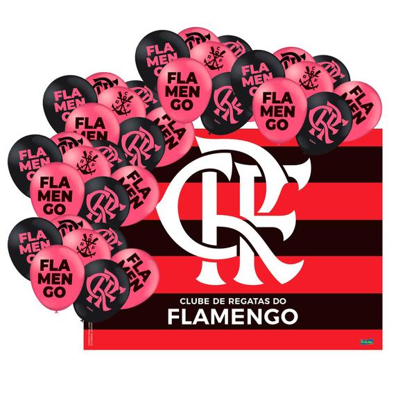 Imagem de Kit festa Flamengo Decoração + Painel TNT+25 Balões Rosa