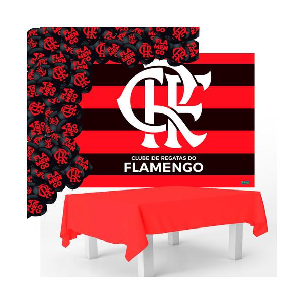 Imagem de Kit festa Flamengo Toalha Vermelha + Painel +25 Balões Preto