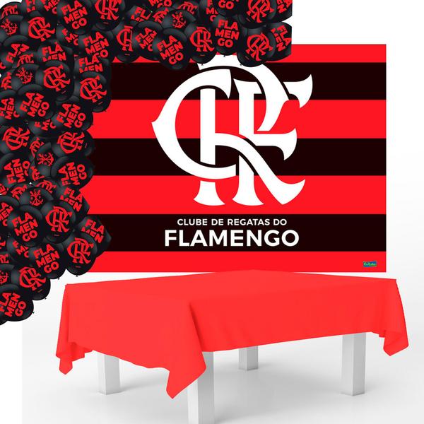 Imagem de Kit festa Flamengo Toalha Vermelha + Painel +25 Balões Preto