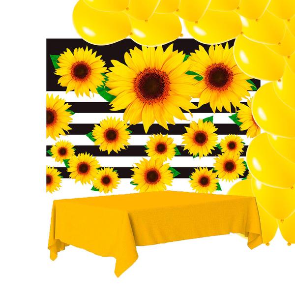 Kit festa Girassol Decoração Aniversár Painel +Balão +Toalha - Festcolor - piffer Imagem de Kit festa Girassol Decoração Aniversár Painel +Balão +Toalha